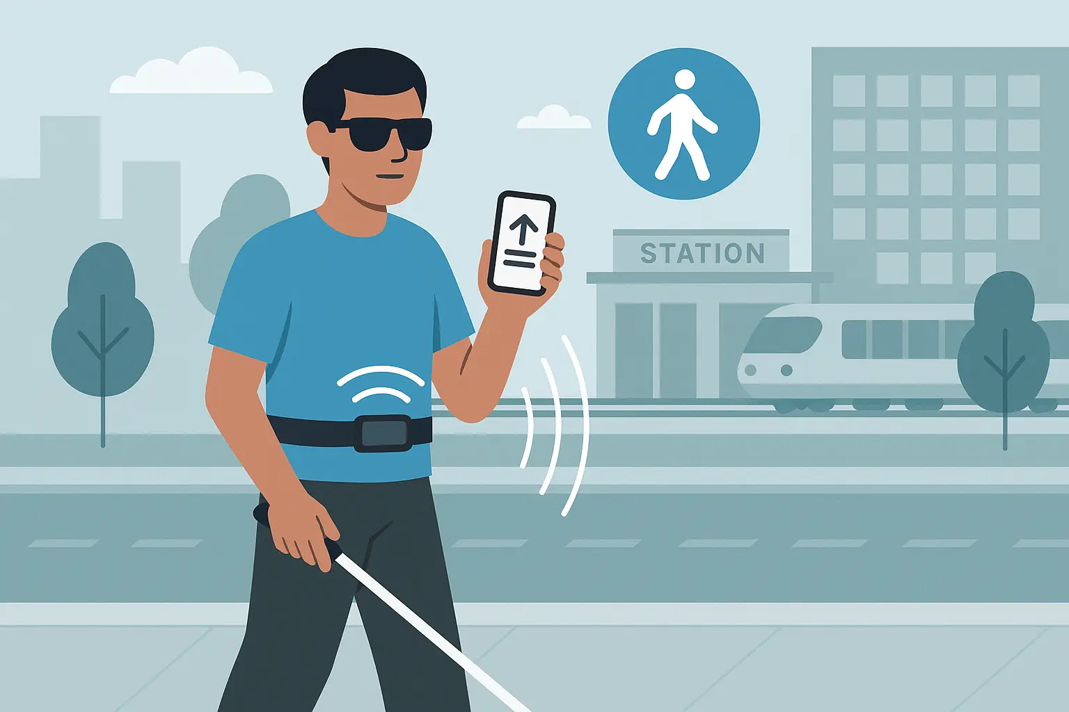 Illustration d'une personne non voyante qui navigue en ville, représentant la Navigation urbaine
