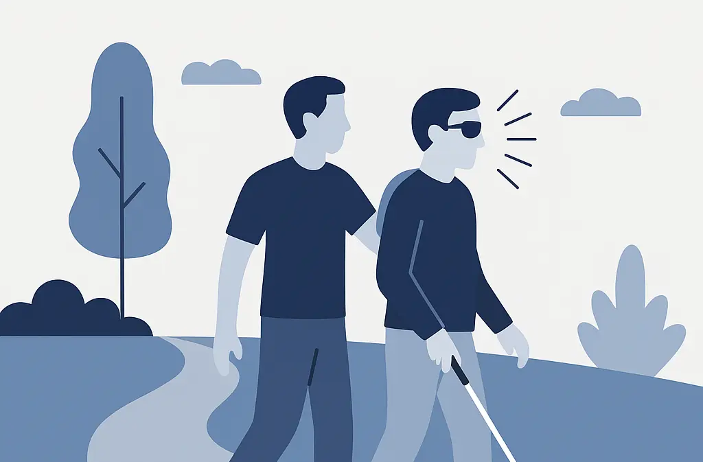 Illustration d'une personne non voyante avec aide, représentant l'Entraînement à la mobilité